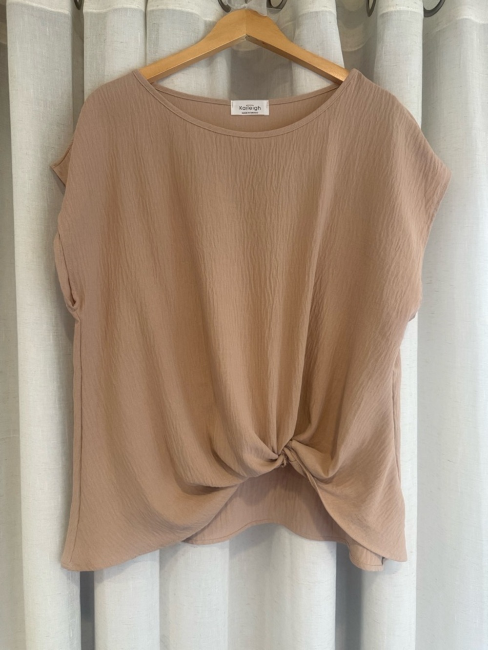 Kaileigh Taupe Twist-Front Short Sleeve Blouse